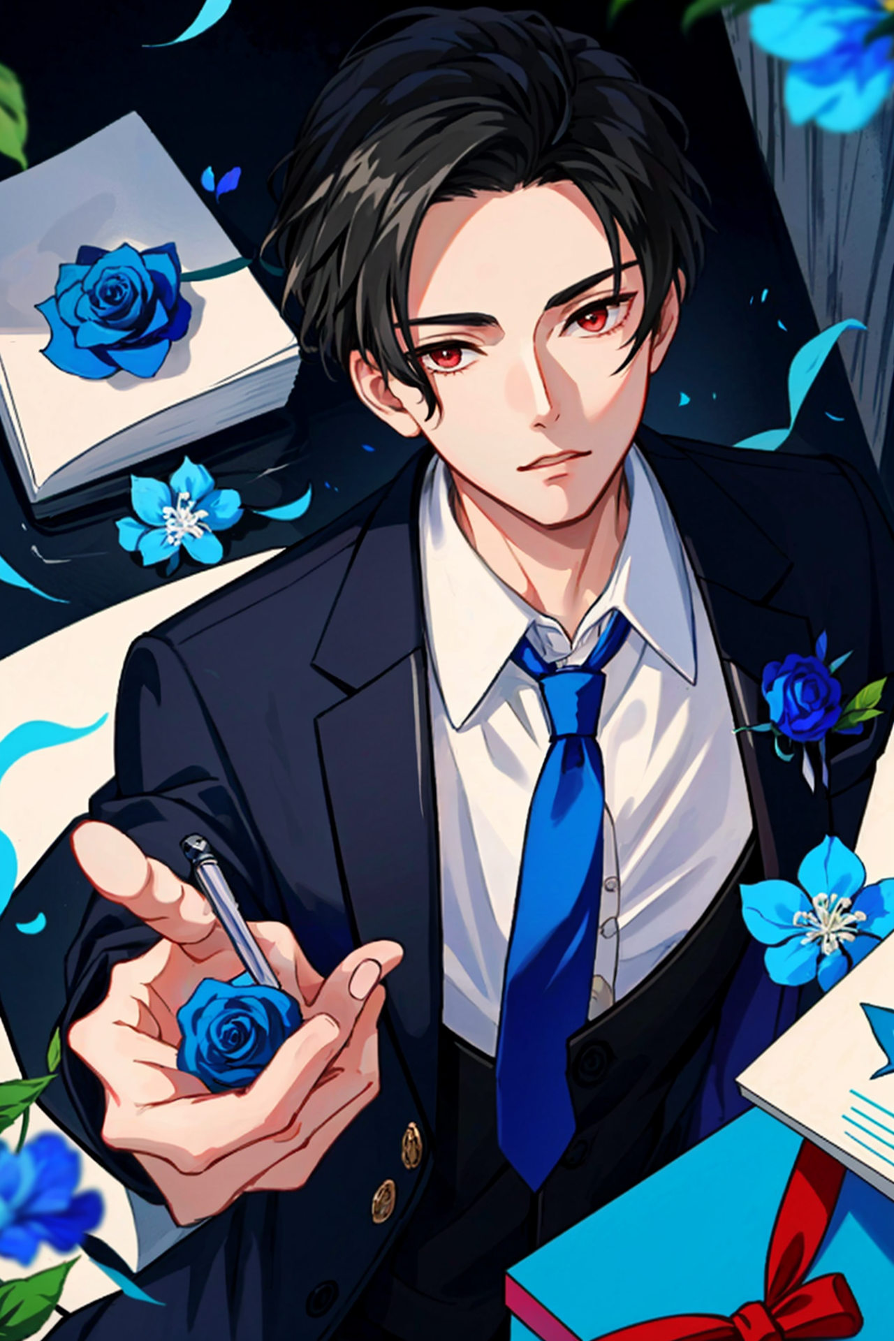 00720-2498022469-masterpiece, high quality, luci_(obeyme_),male_focus, solo, 1boy, red eyes, ,looking at viewer, flower, rose, gift, blue_rose, n.png